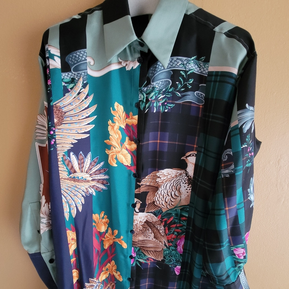 Salvatore Ferragamo 44 L XL 8 Silk Dress Button Shirt Bird Plaid Baroque Tunic